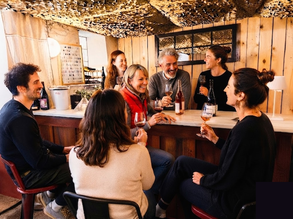 Groupe joyeux dégustant du vin dans le salon du domaine des Jardins d'Ingrid à Vacqueyras